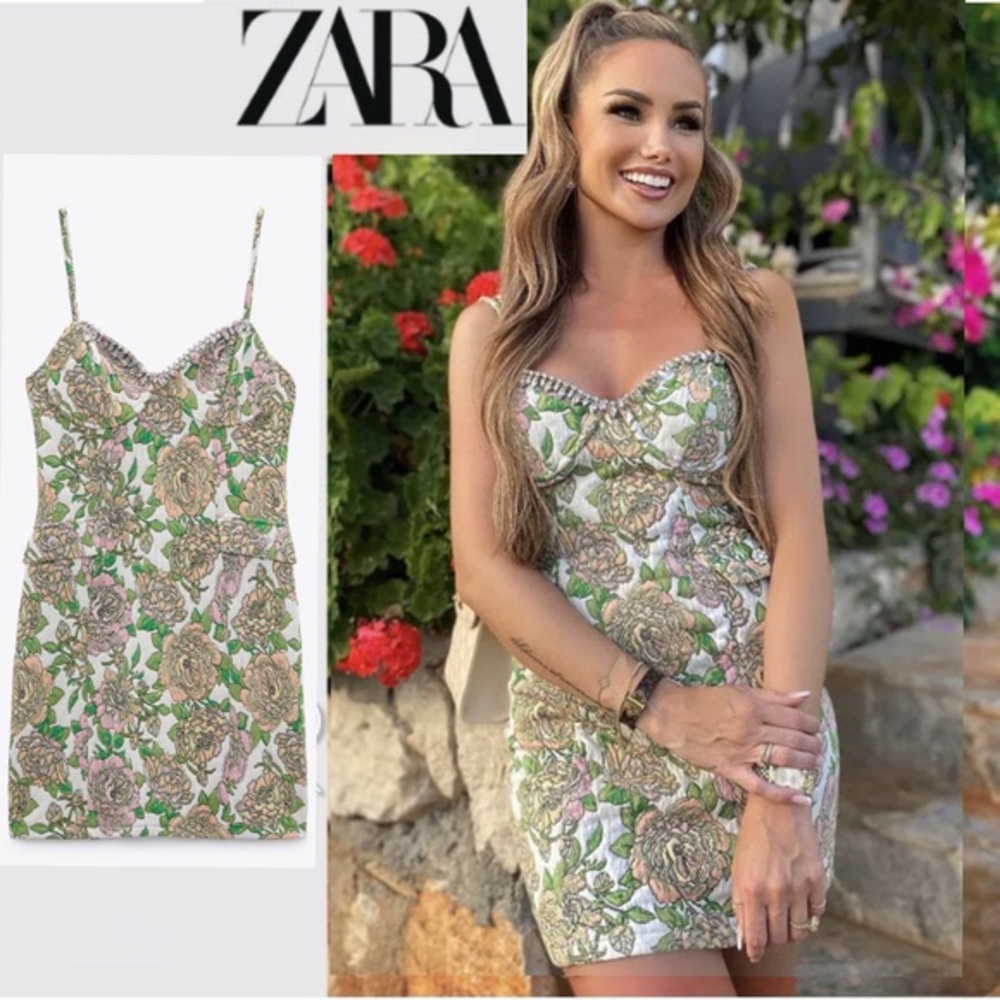 Zara Jeweled Jacquard Floral Pink & Green Mini Dress size Large